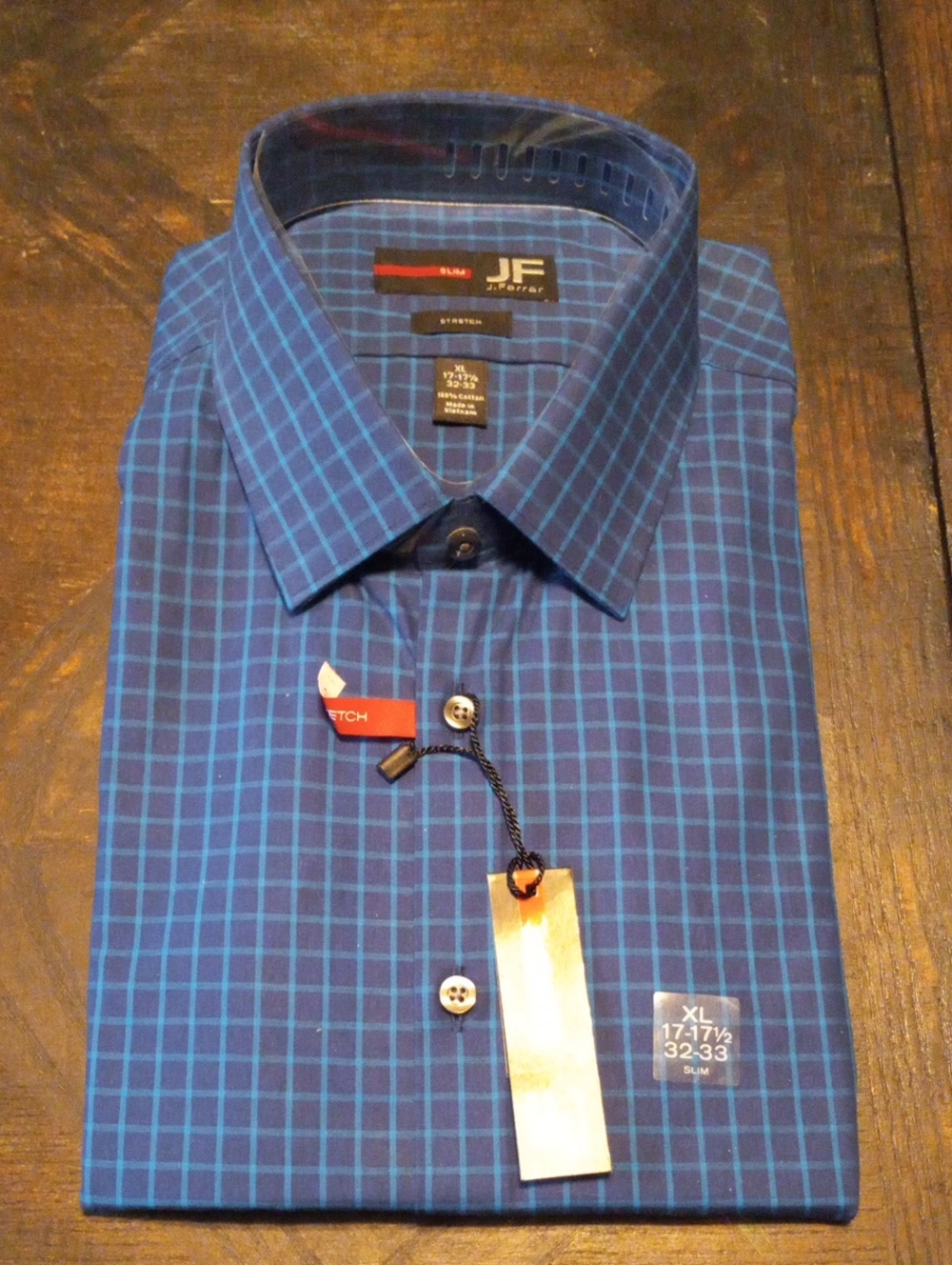 17-17 1/2 32-33 Slim JF J.Ferrar Blue Grid Pattern Dress Shirt